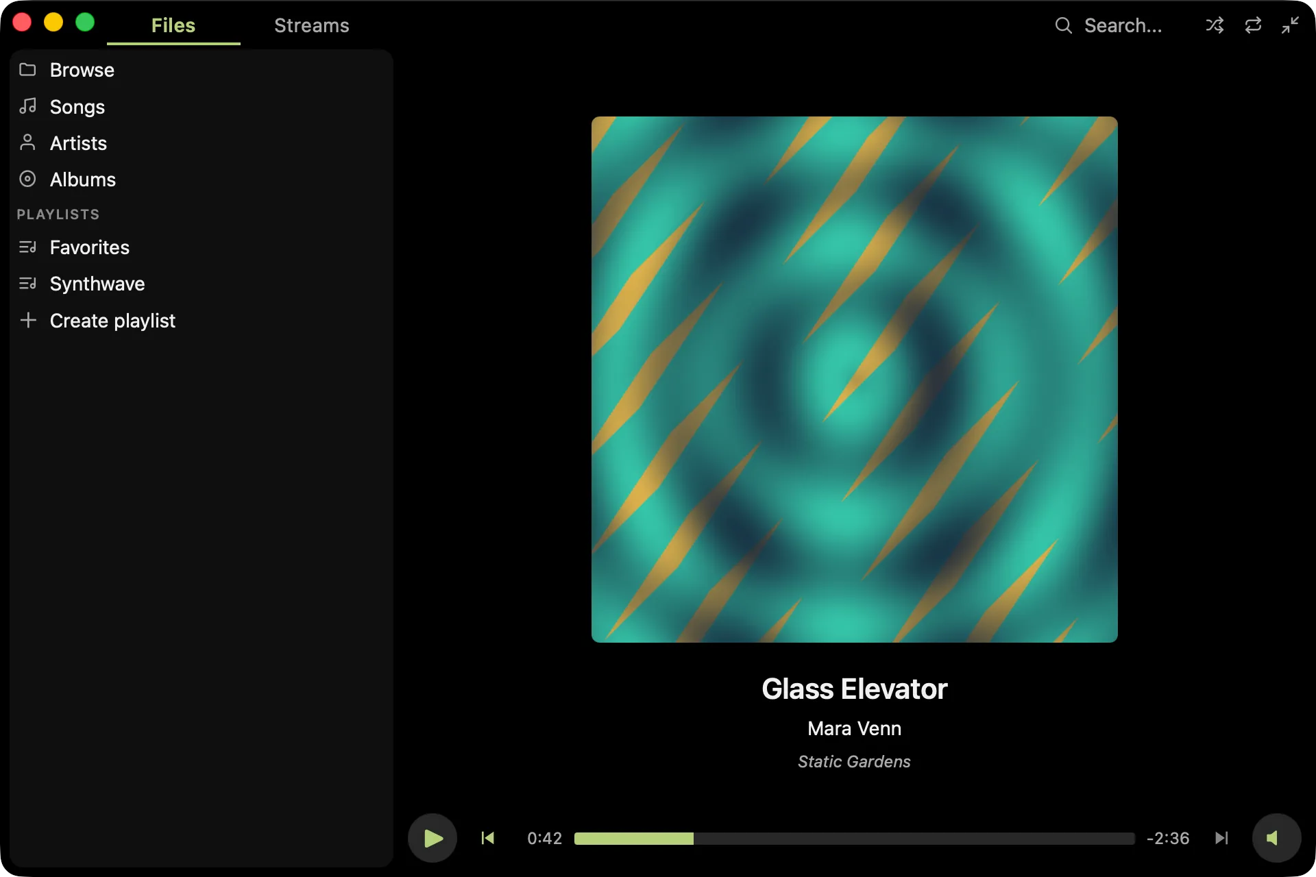 Pudding Desktop in its dark theme, showing the Files panel with library views and playlists, album artwork, and playback controls.
