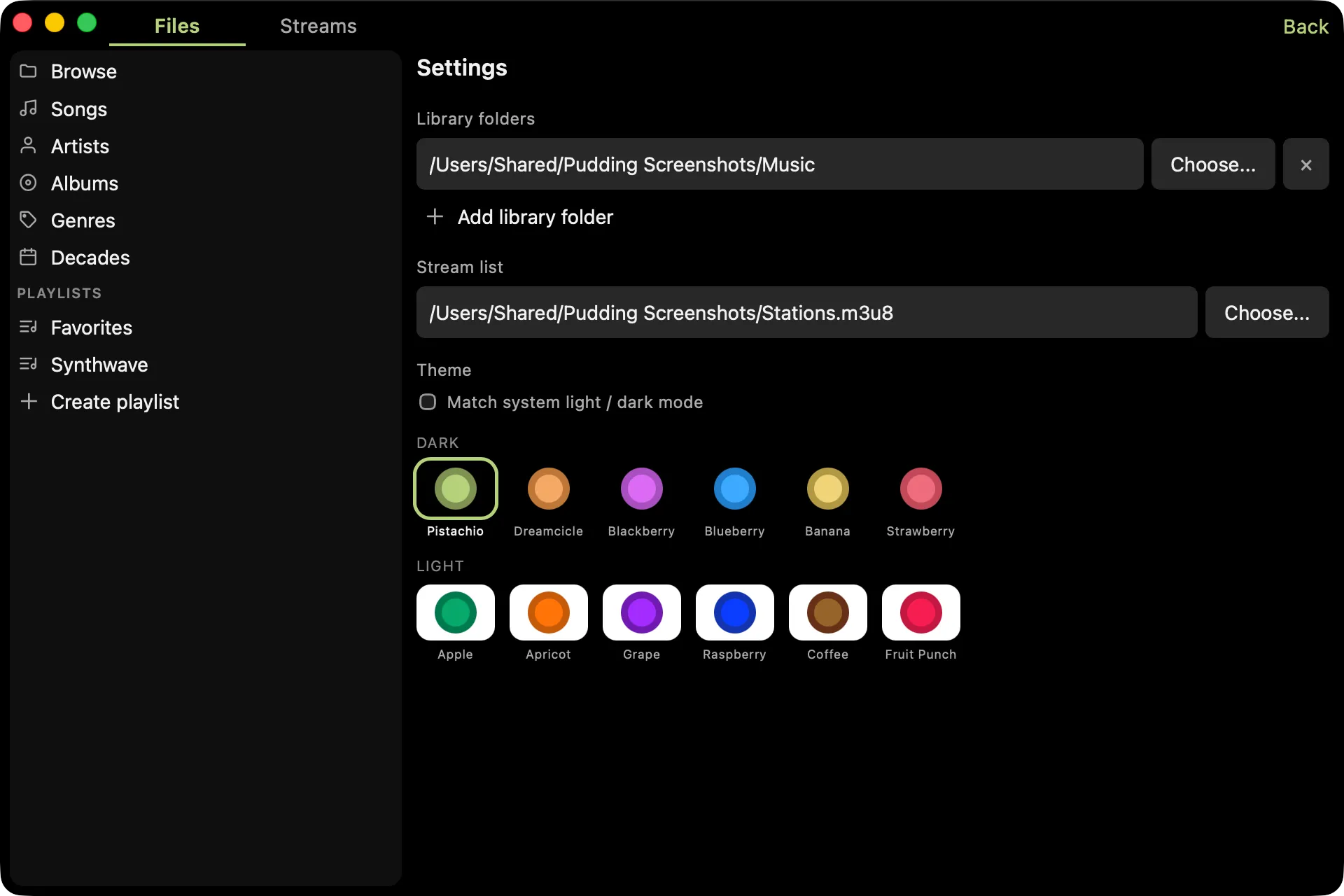 Settings panel