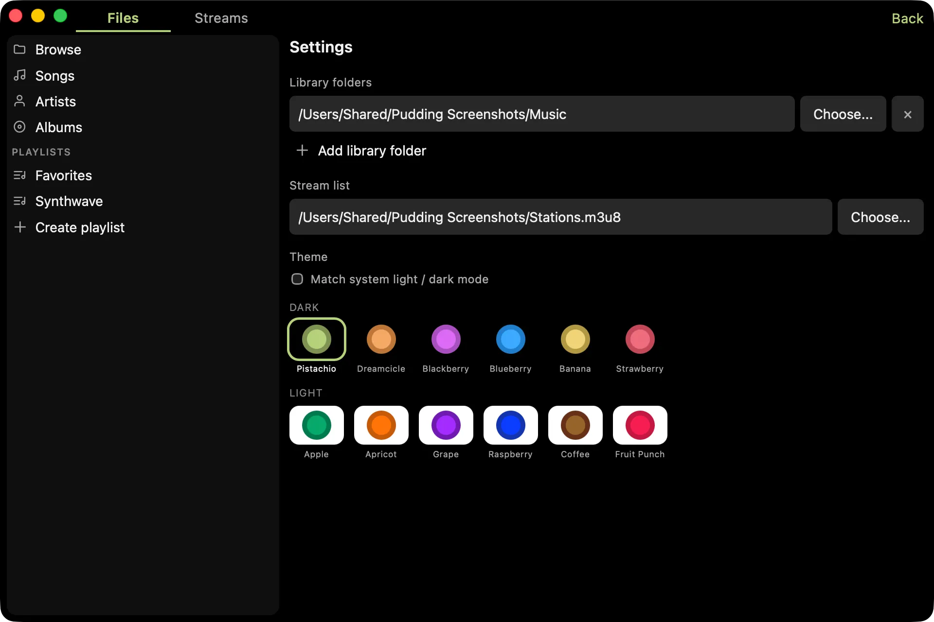 Settings panel