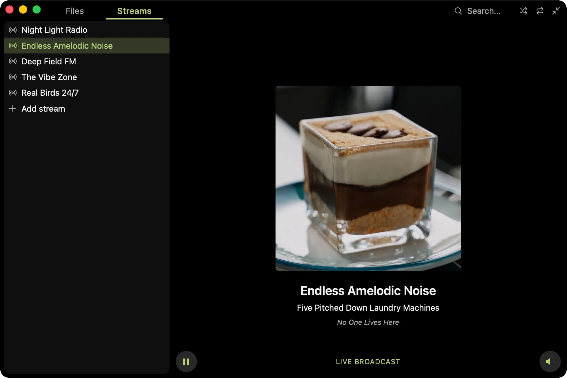 The Streams tab with a station playing live: its artwork and ICY now-playing title in the player, and a Live Broadcast indicator in place of the seek bar
