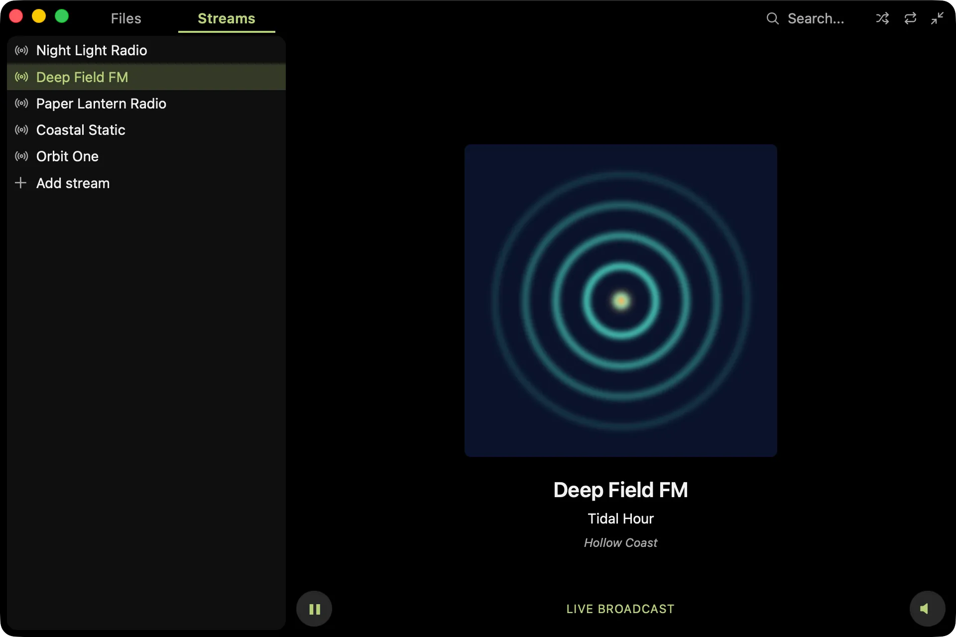 The Streams tab with a station playing live: its artwork and ICY now-playing title in the player, and a Live Broadcast indicator in place of the seek bar
